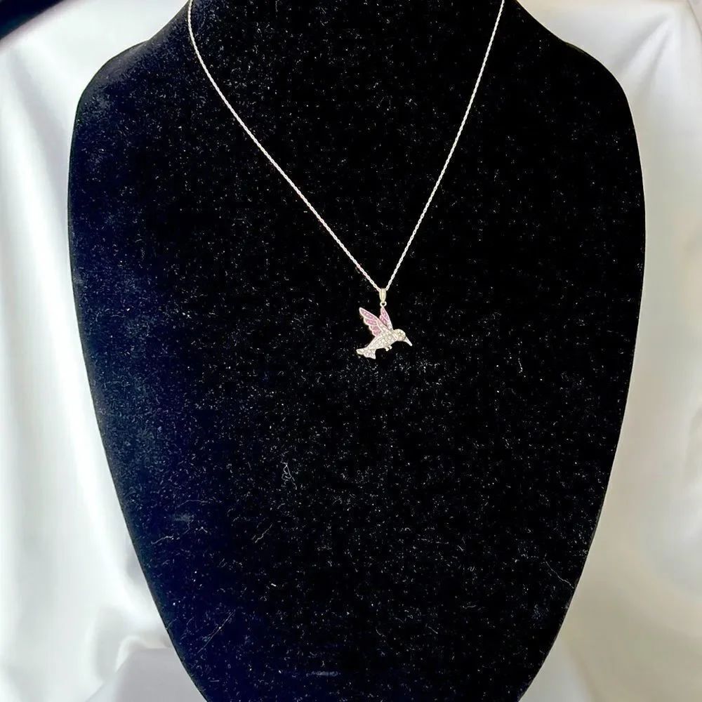 Silver-Tone Rope Chain Necklace with Purple Rhinestone Hummingbird Pendant